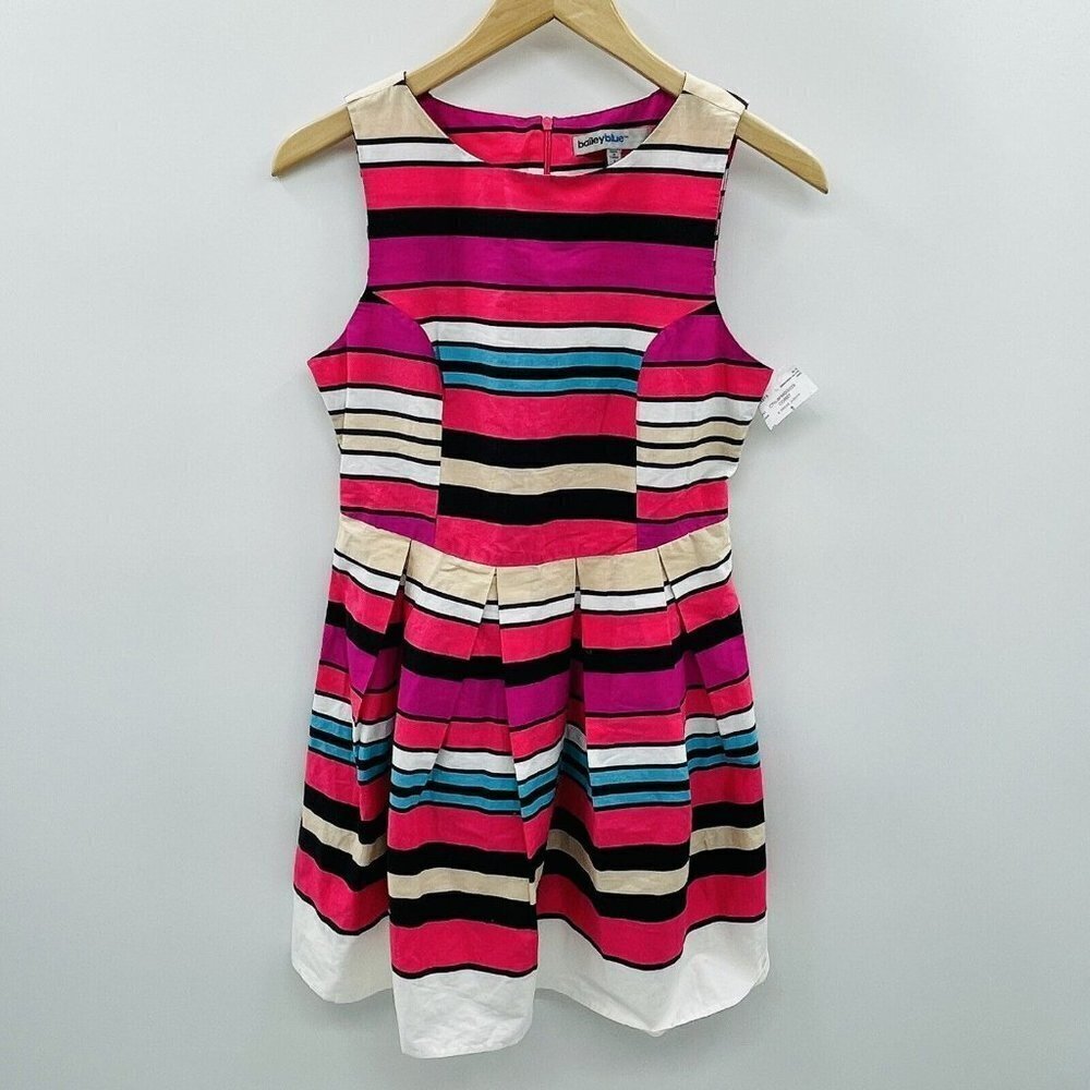 Bailey Blue Womens Size Small Striped Sleeveless A Line Pleated Dress Cotton